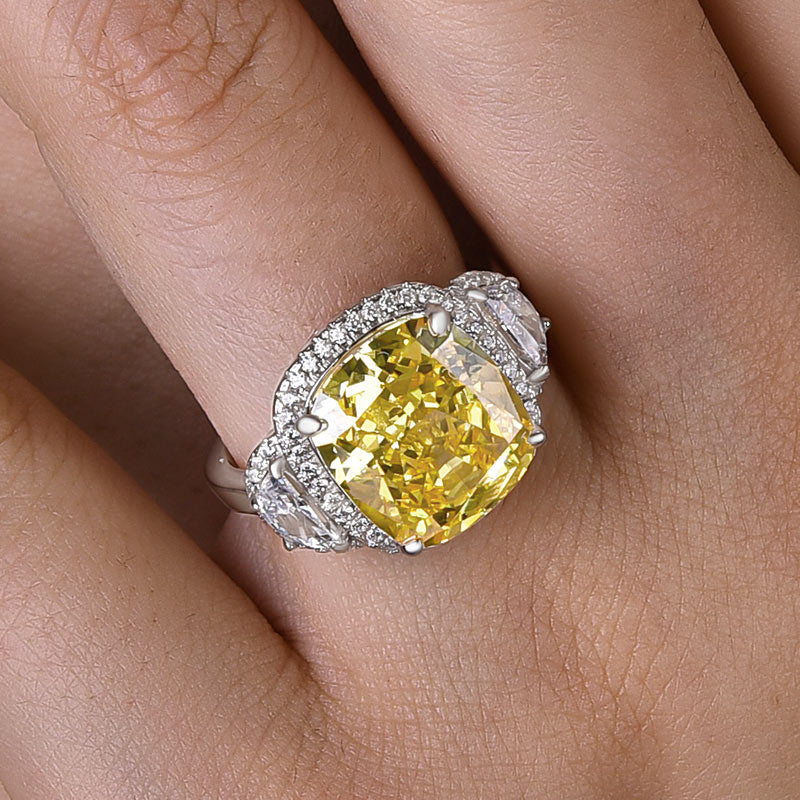 Halo Yellow Cushion Cut Three Stone Sterling Silver Engagement Ring Shineofdiamond