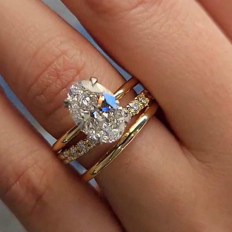Luxurious 3PCS Golden Tone Oval Cut Sterling Silver Wedding Bridal Set shineofdiamond