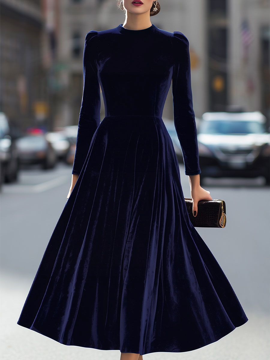 Luxurious Velvet Long-Sleeve Midi Dress SN
