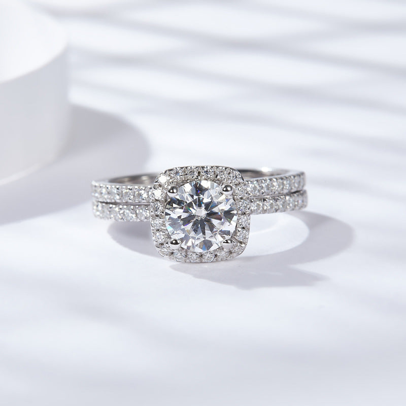 Round Cut D Color Moissanite Sterling Silver Halo Wedding Ring Set shine of diamond