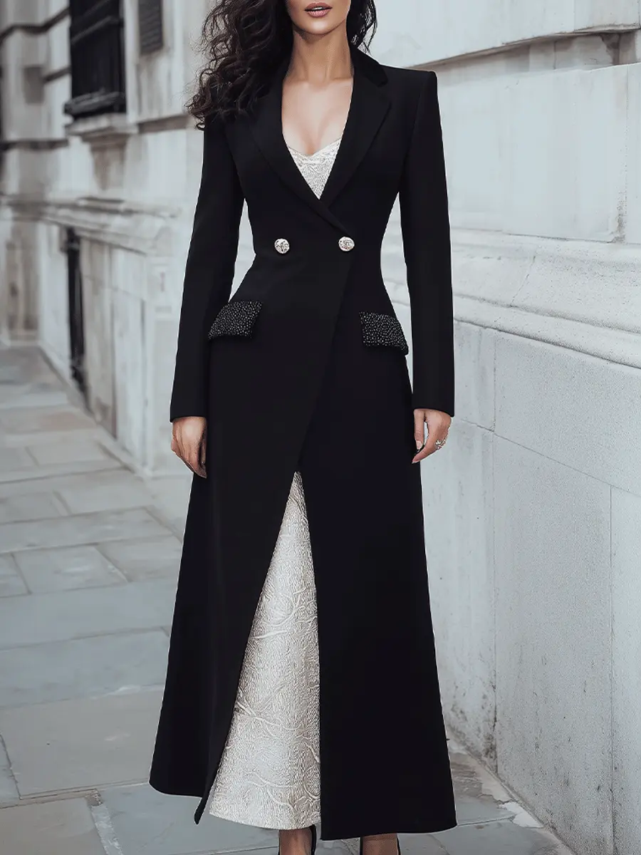 Tailored Black Longline Blazer Dress with Embellished Pockets & – CASA LARO