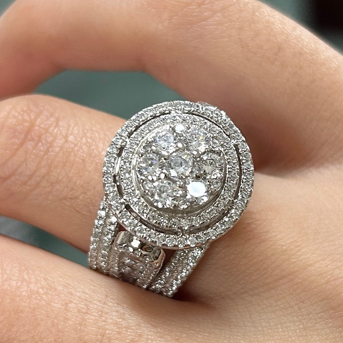 Size 8.0 | Sparkling Sterling Silver Double Halo Round Cut Engagement Ring Shineofdiamond