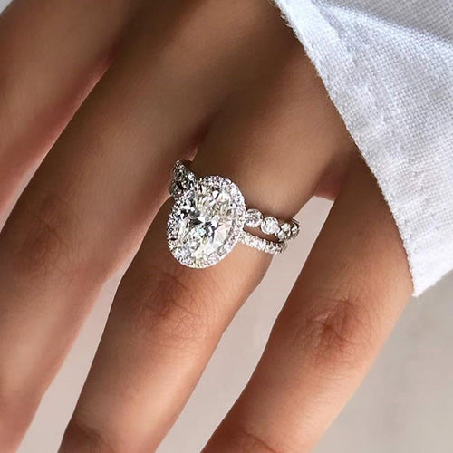 2pcs Halo Oval Cut Wedding Set In Sterling Silver