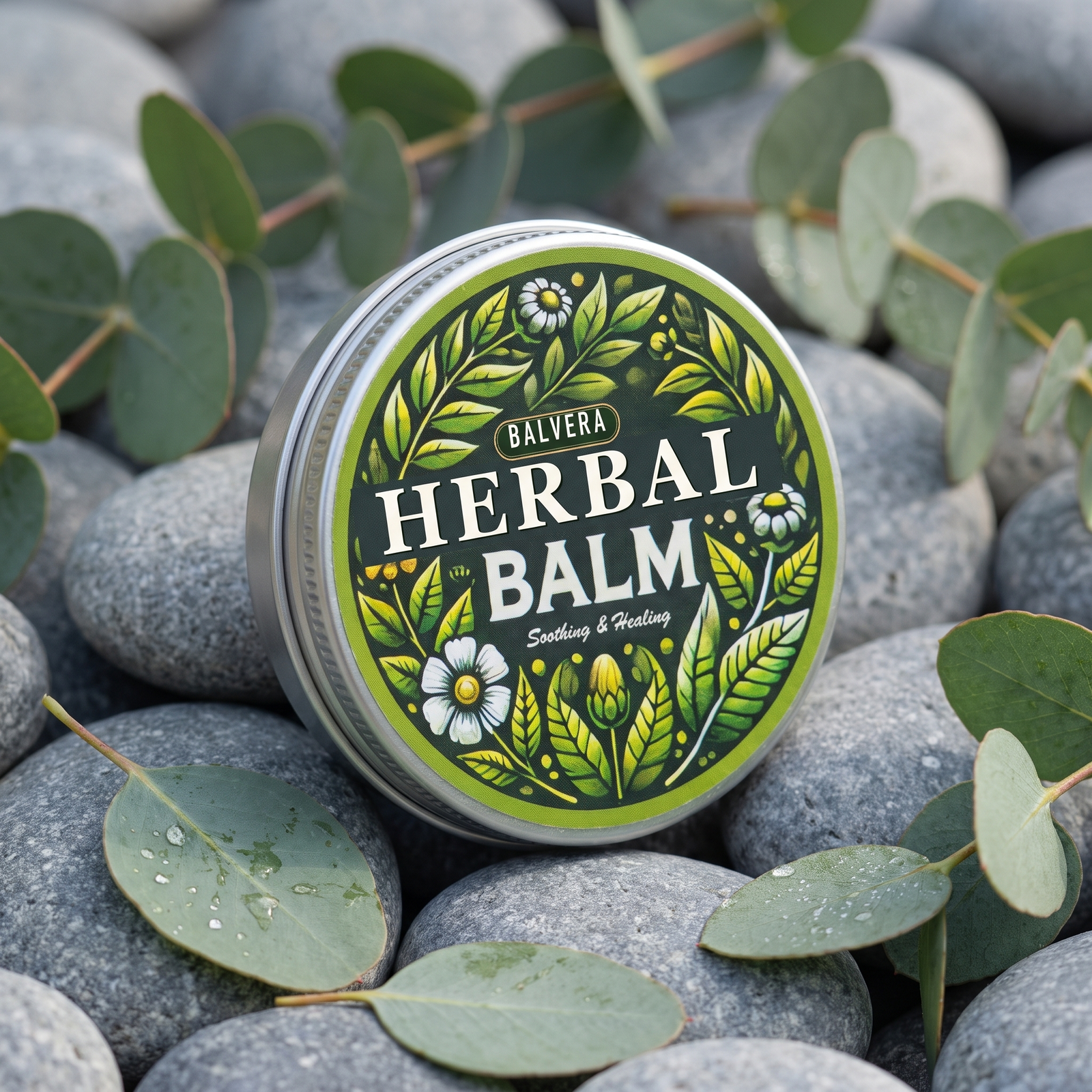 BALVERA herbal balm tin resting on river stones with eucalyptus