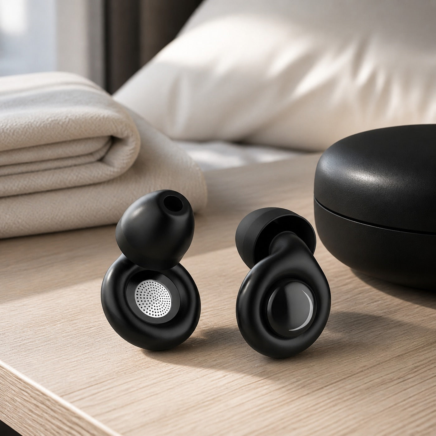 Quietrest sleep earplugs on a bedroom nightstand
