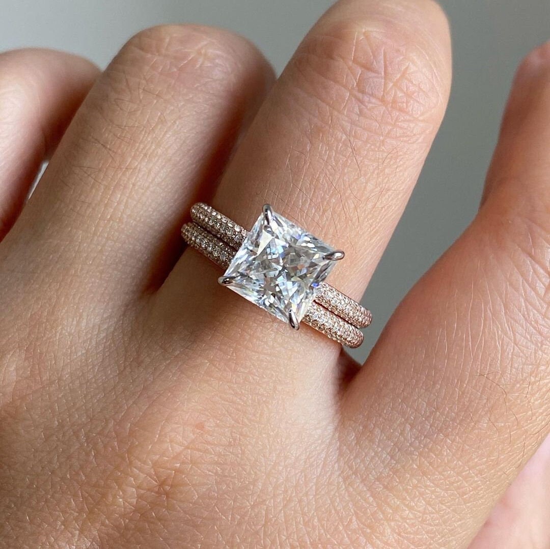 2Pcs Princess Cut Pave Bridal Ring Set in Sterling Silver shineofdiamond