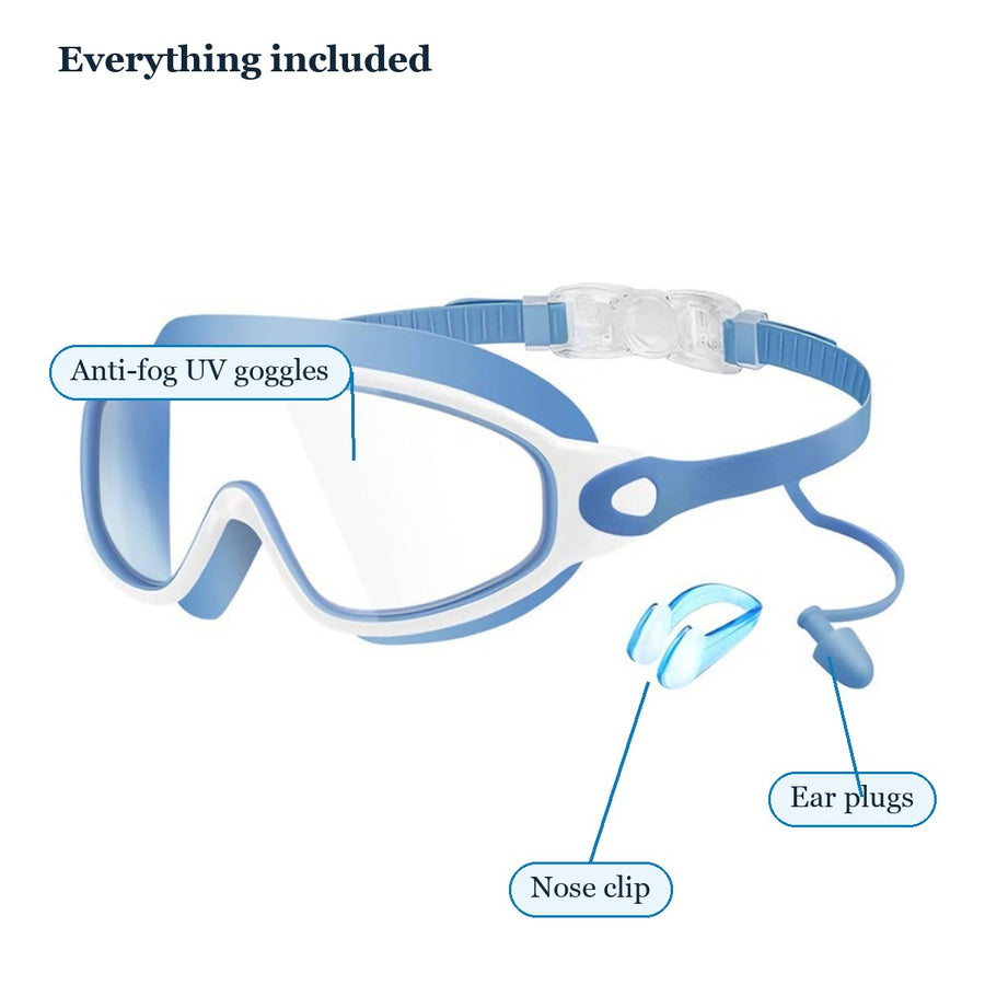 Everything included with Wavlee goggles: anti-fog UV goggles, nose clip and ear plugs