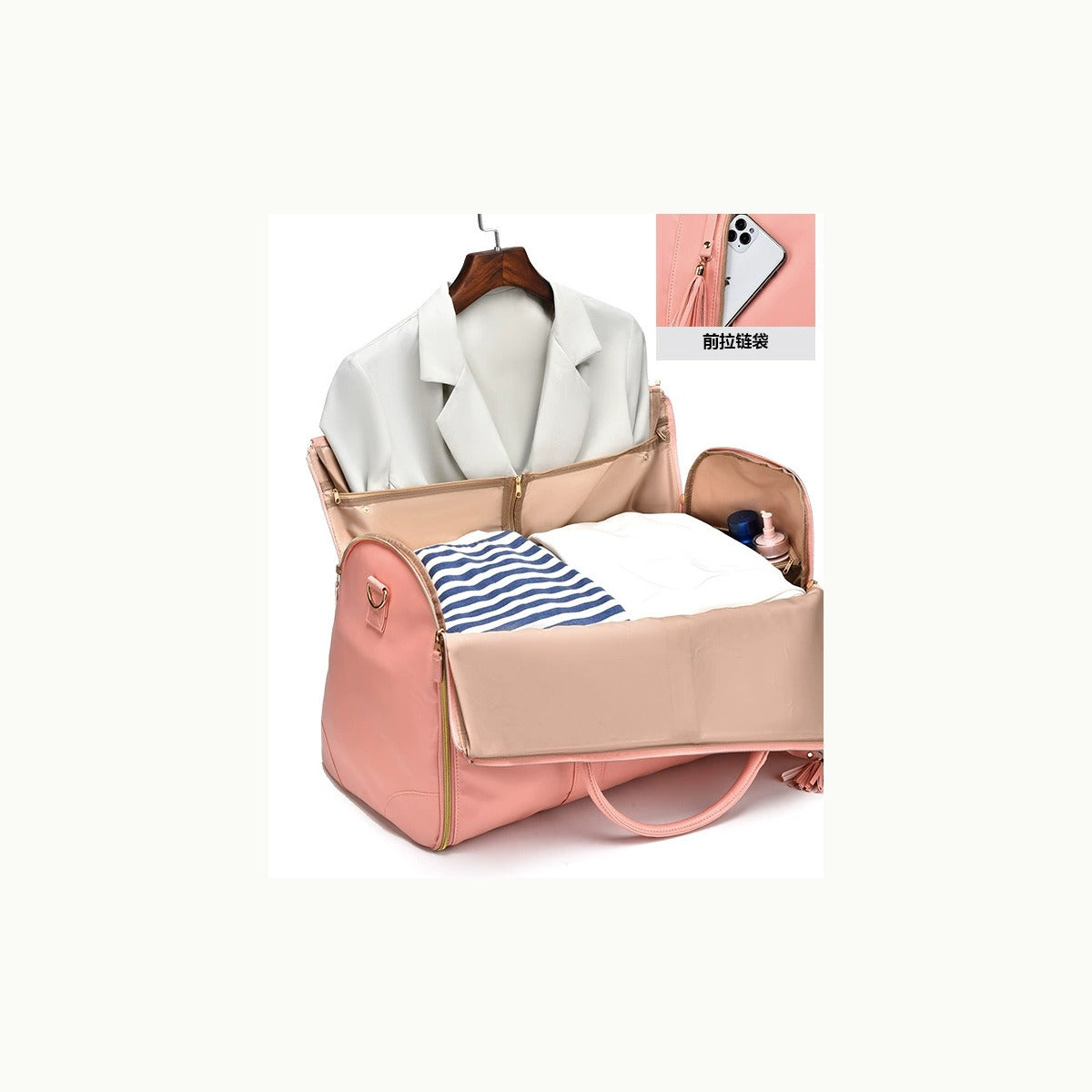 Nomora travel bag opened with clothing and side pocket
