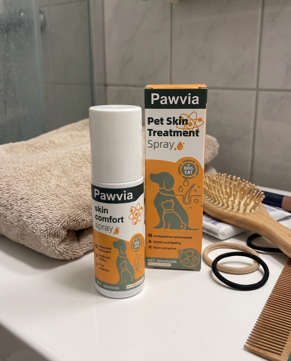 Pawvia spray on a bathroom counter