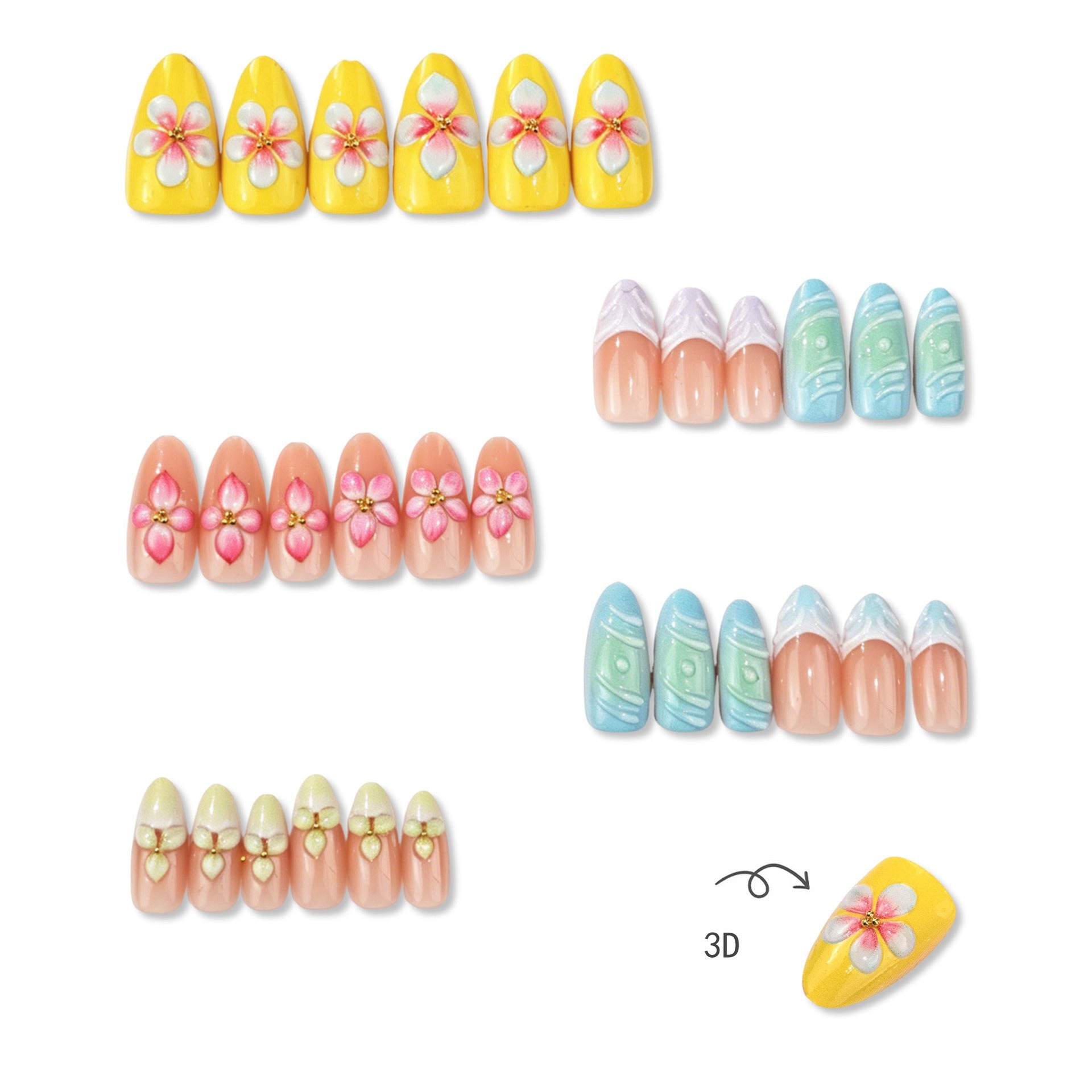 Full Blossira 30-tip floral press-on nail set laid flat
