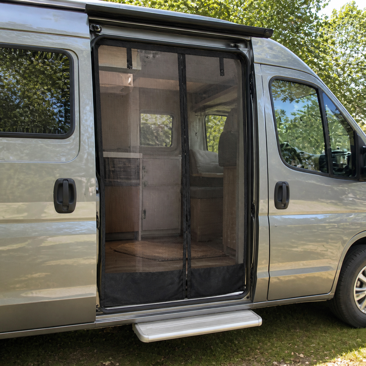 Bugmesh magnetic screen installed on a camper doorway