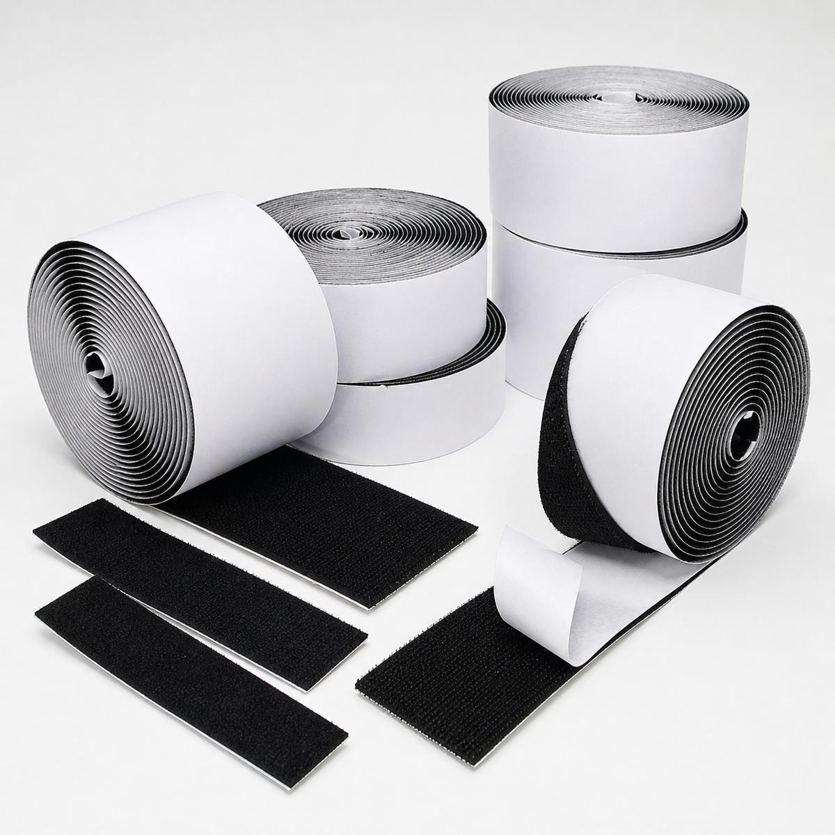 Griploop bundle of black adhesive hook-loop rolls