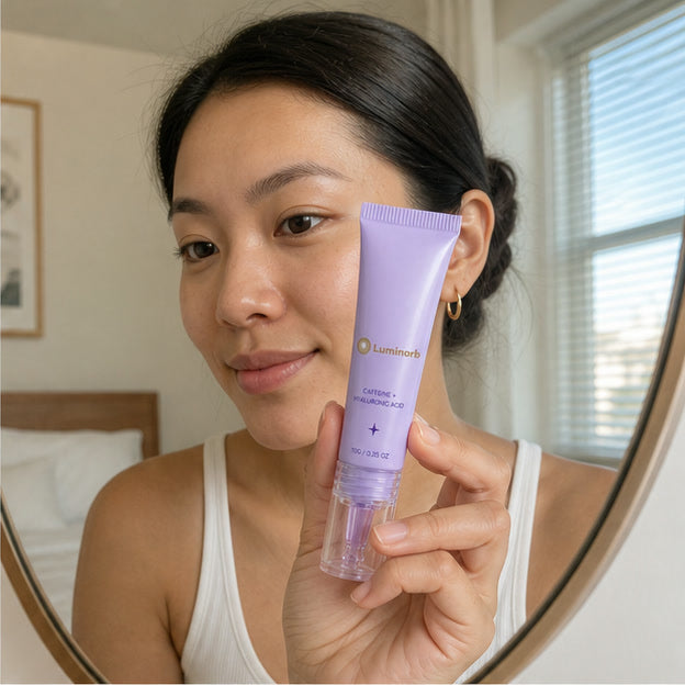 Representative scene of an adult holding the integrated Luminorb roller eye gel near a mirror
