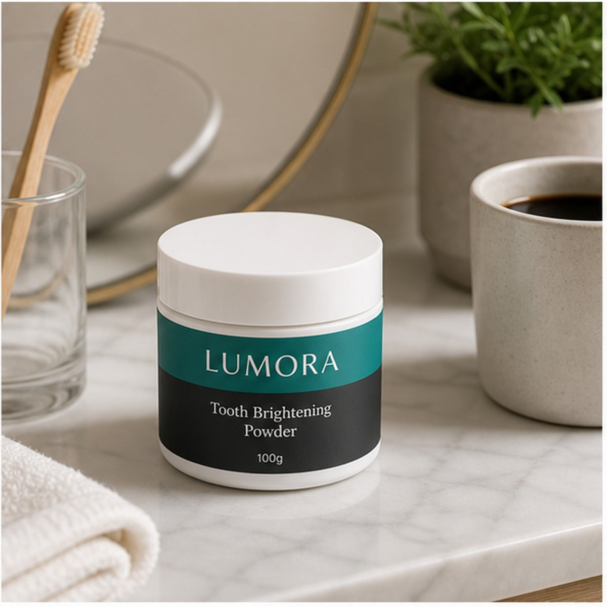 Lumora tooth brightening powder beside a toothbrush and coffee cup