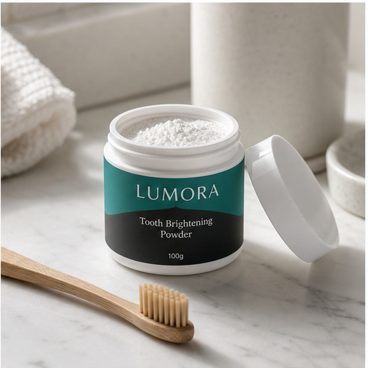 Lumora tooth powder jar open beside a toothbrush