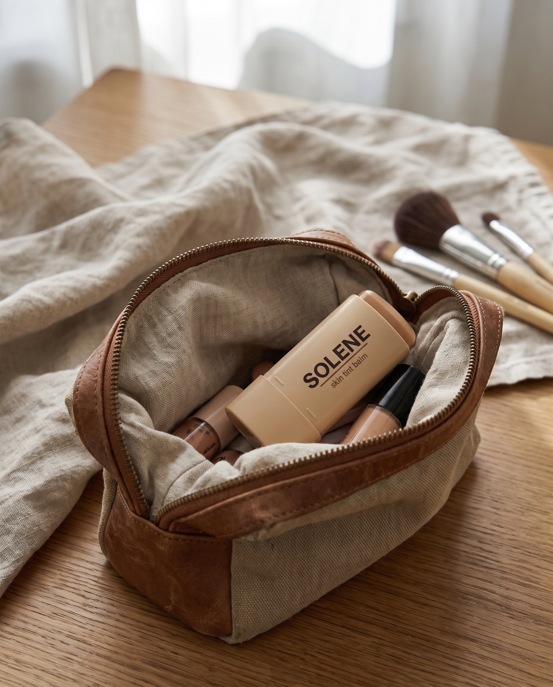 Solene tucked into a travel bag with makeup essentials