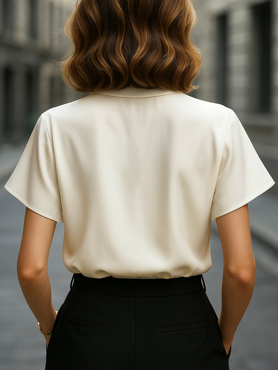 Asymmetric Buttoned Satin Blouse with Cutout Collar Detail MLZ