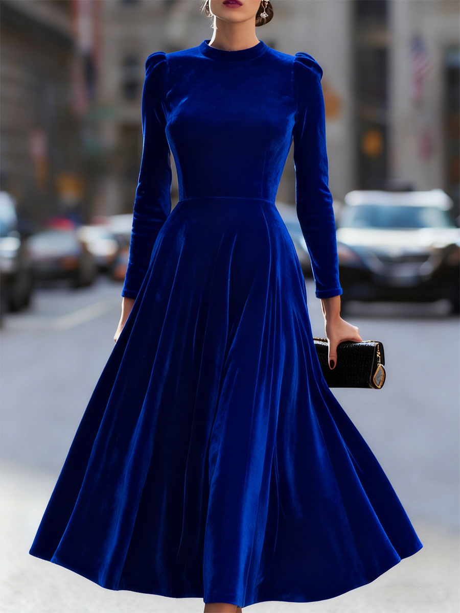 Luxurious   Velvet Long-Sleeve Midi Dress SN