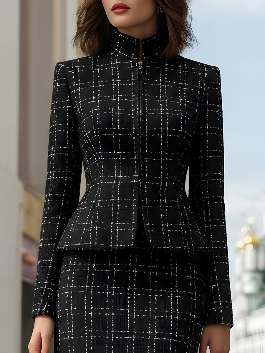 Plaid Peplum Jacket And Pencil Skirt Set MLZ