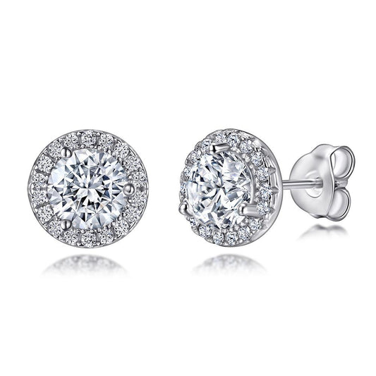 Halo Round Cut Sterling Silver Stud Earrings Shineofidamond
