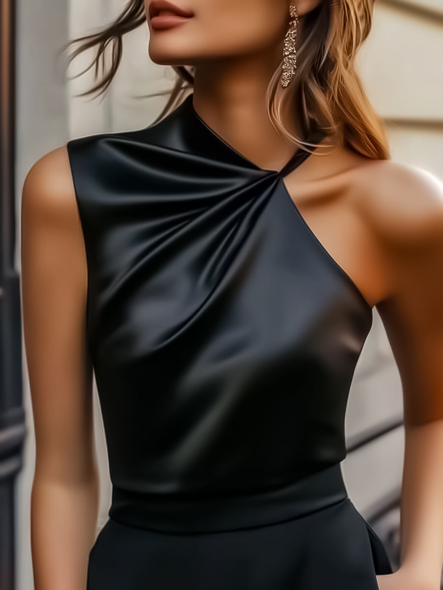 Modern Draped Satin Blouse with Single Strap Detail MLZ