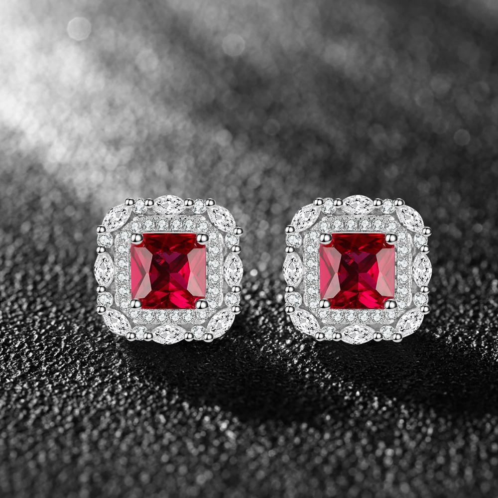 Red Gem Double Halo 925 Sterling Silver Stud Earrings Shineofidamond