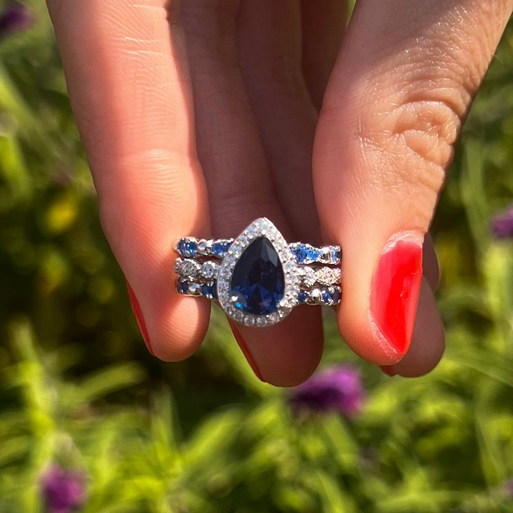 3 Pcs Blue Pear Cut Halo Bridal Set in Sterling Silver Shine of Diamond