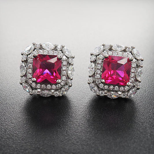 Red Gem Double Halo 925 Sterling Silver Stud Earrings Shineofidamond