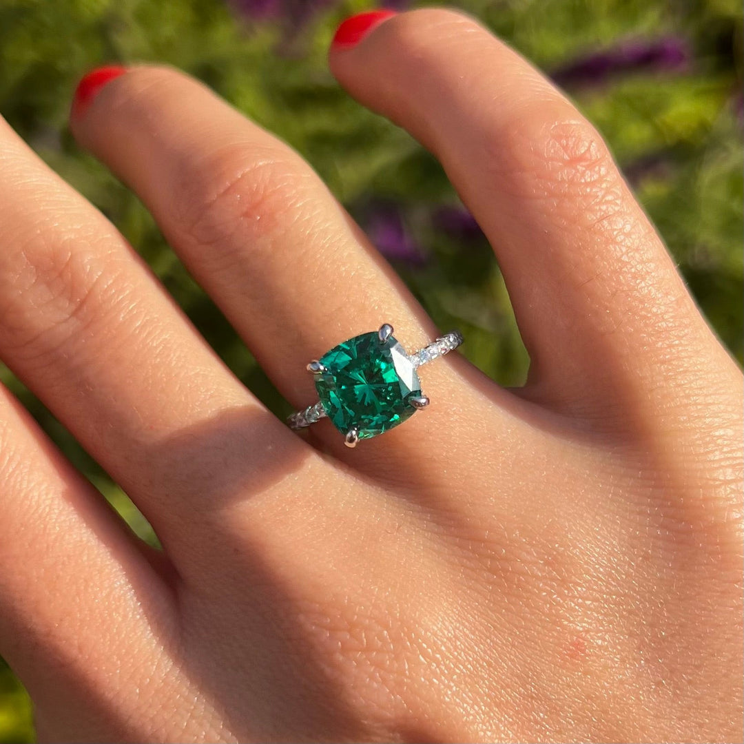 Retro Green Cushion Cut Hidden Halo Sterling Silver Engagement Ring Shine of Diamond