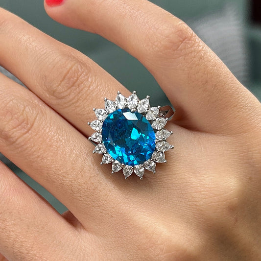 Size 8.0 | Blue Oval Cut Halo 925 Sterling Silver Engagement Ring shine of diamond