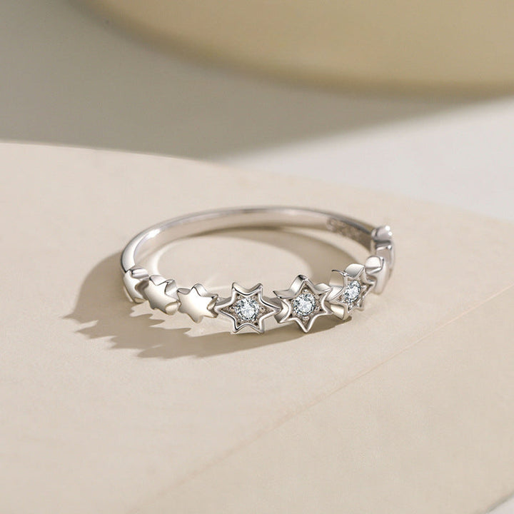 Cute Star Design Sterling Silver Band Shine of Diamond