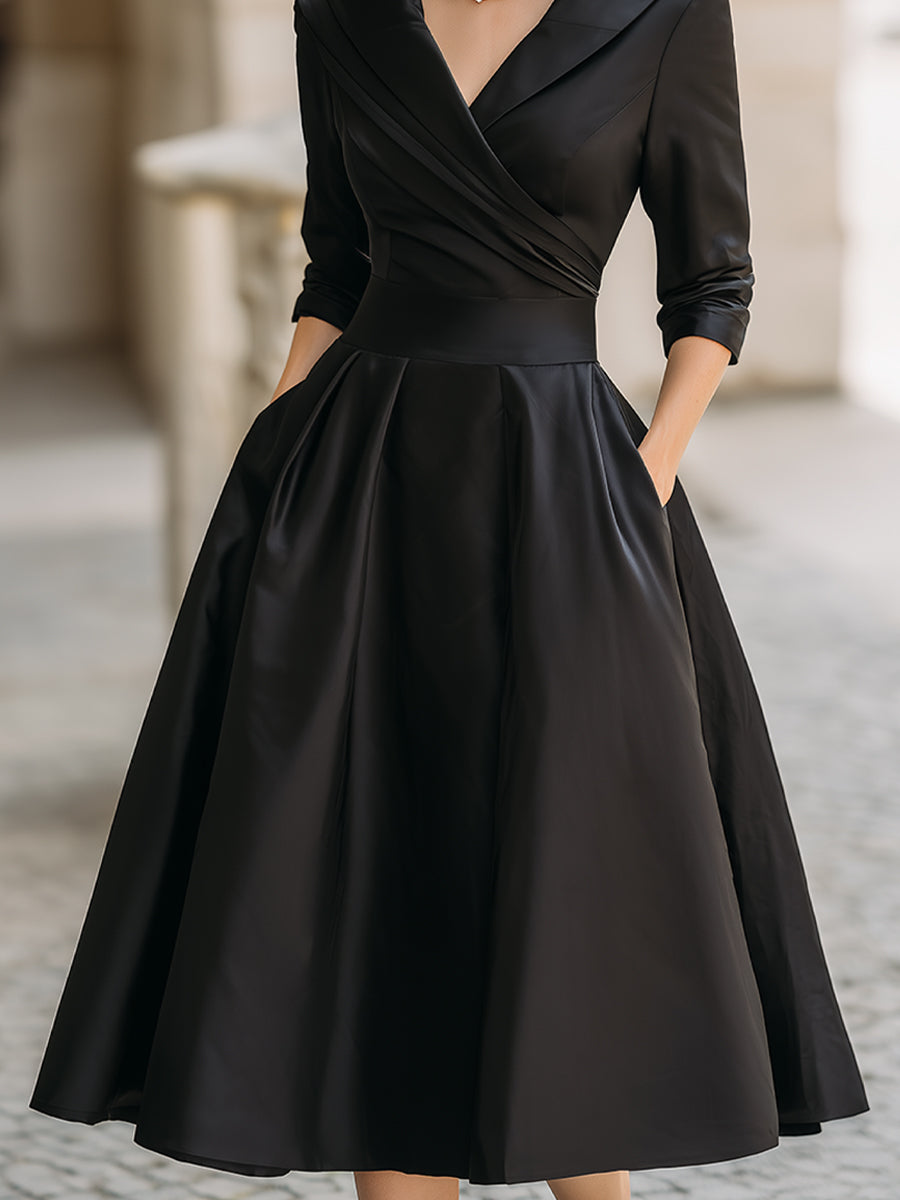 Vintage-Inspired Satin Midi Dress With Draped Collar HWT