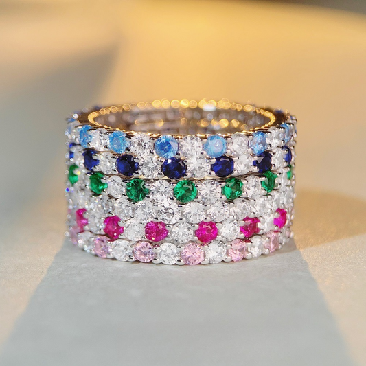 Stunning Sterling Silver Rainbow Color Eternity Band Ring for Women shine of diamond