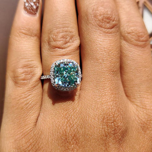 Exquisite Halo Cushion Cut Cyan Blue Sterling Silver Engagement Ring Shineofdiamond