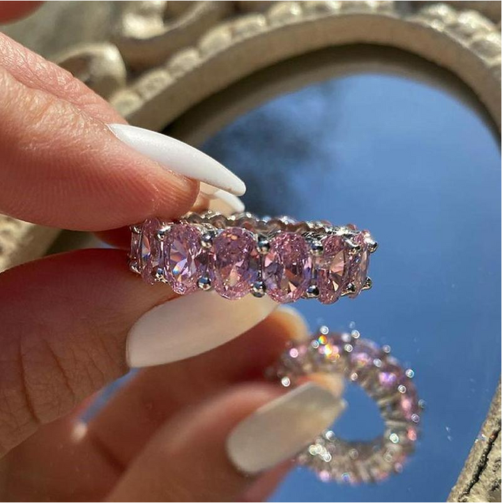 Stunning Oval Cut Pink High-Gemstone Sterling Silver Wedding Band Shineofdiamond