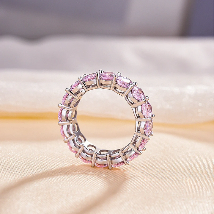 Stunning Oval Cut Pink High-Gemstone Sterling Silver Wedding Band Shineofdiamond