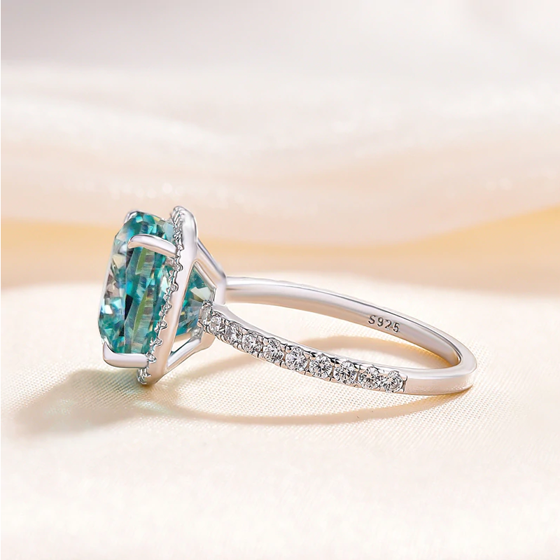 Exquisite Halo Cushion Cut Cyan Blue Sterling Silver Engagement Ring Shineofdiamond