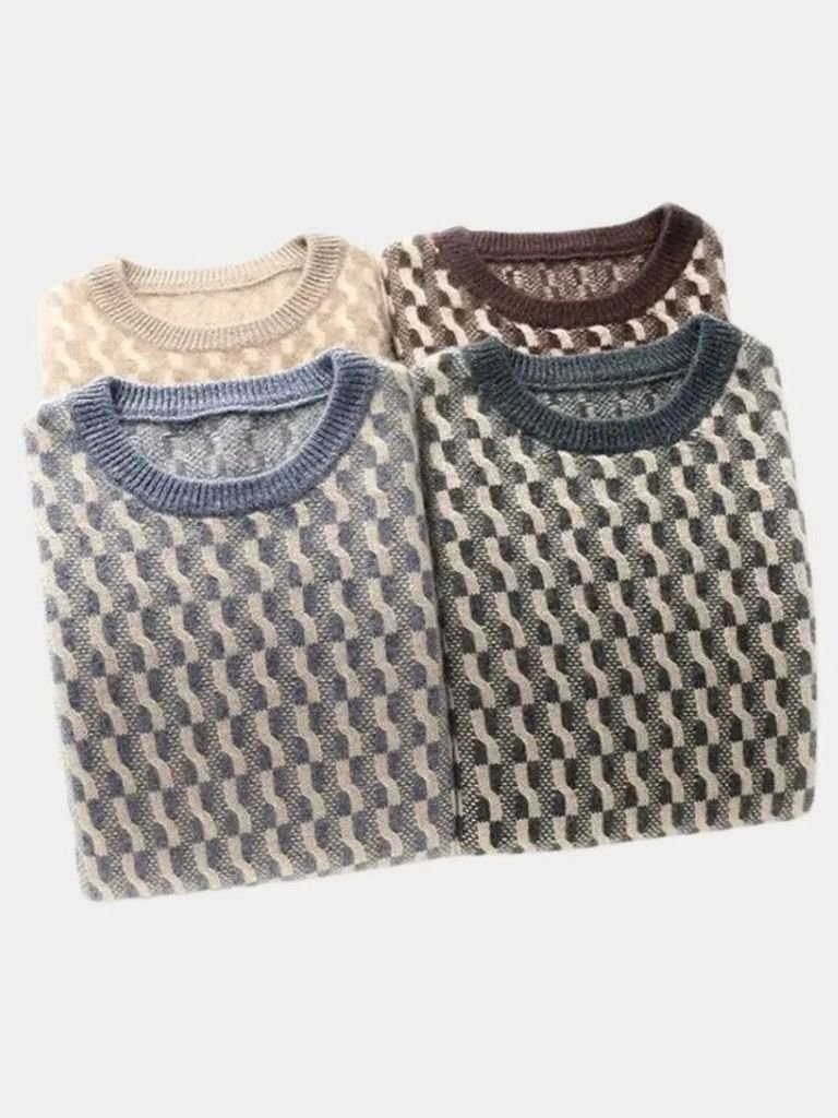 100% Wool Geometric Crew Neck Pullover Sweater - Casa  Laro CASA LARO