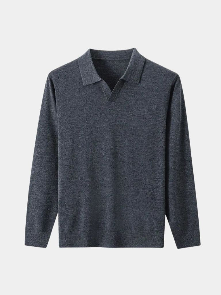 100% Wool Knit V Neck Turndown Polo Pullover - Casa  Laro CASA LARO