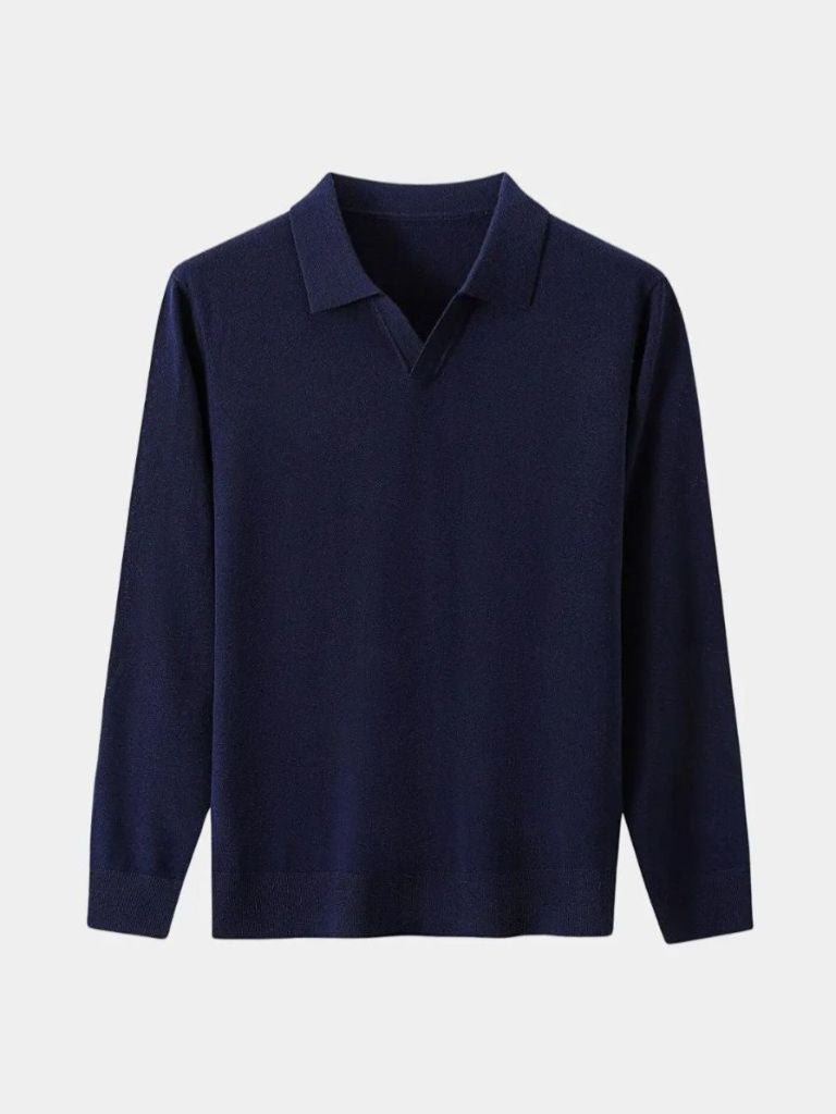 100% Wool Knit V Neck Turndown Polo Pullover - Casa  Laro CASA LARO