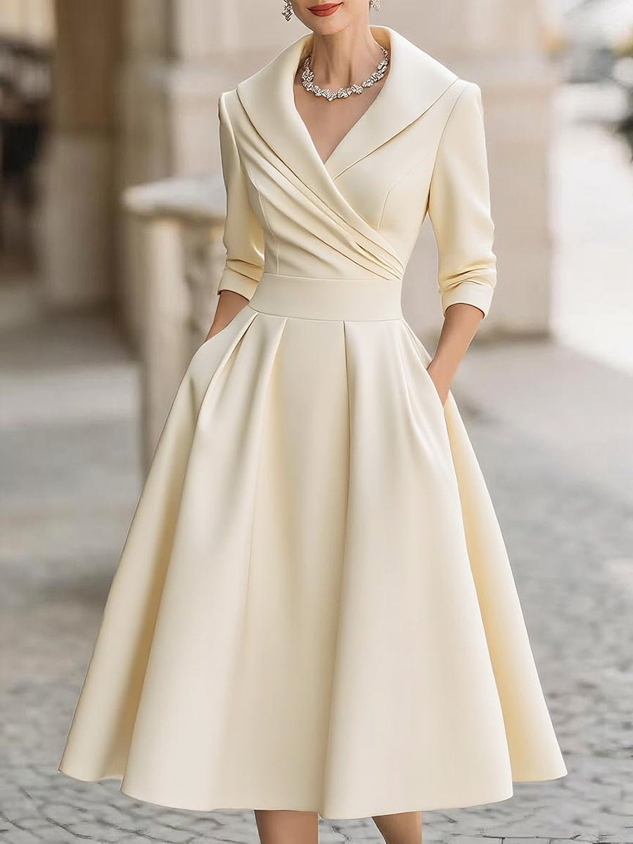 Vintage-Inspired Satin Midi Dress With Draped Collar HWT