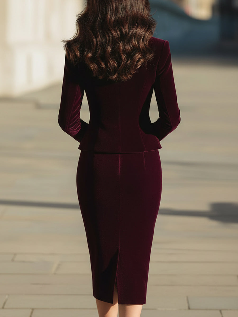 Elegant Velvet Peplum Blazer And Midi Skirt Set HWT