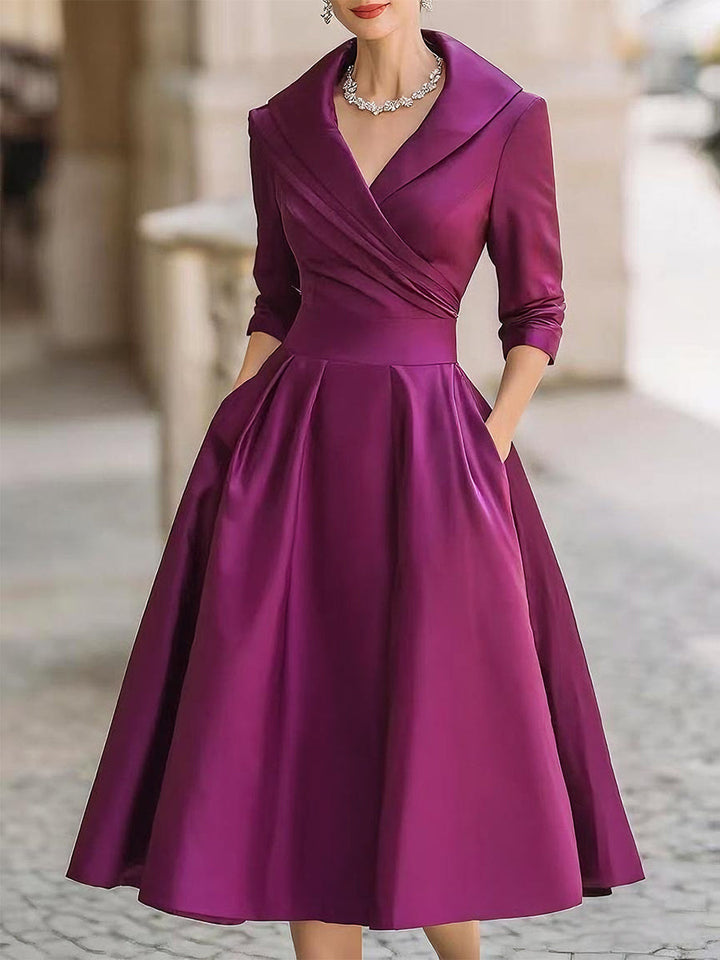 Vintage-Inspired Satin Midi Dress With Draped Collar HWT