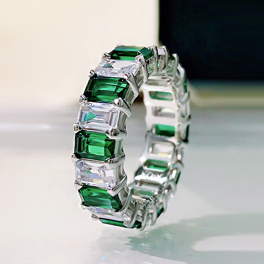 Multi-Colored Eternity Emerald Cut Sterling Silver Wedding Band Shineofidamond
