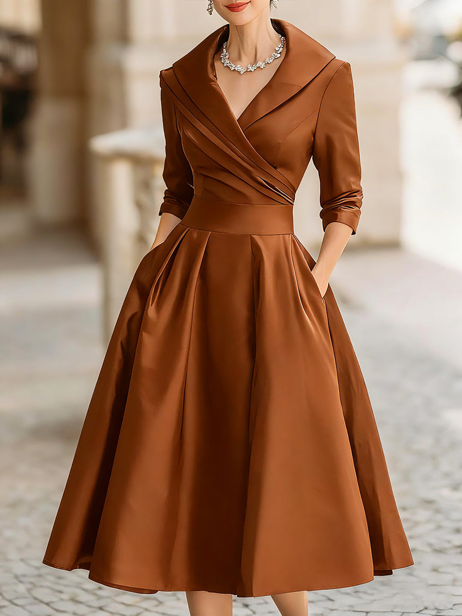 Vintage-Inspired Satin Midi Dress With Draped Collar HWT
