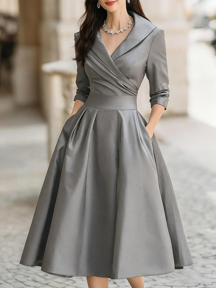 Vintage-Inspired Satin Midi Dress With Draped Collar HWT
