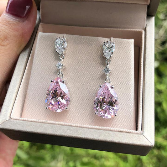 Ethnic Style Pink Pear Cut Drop Earrings Shineofidamond