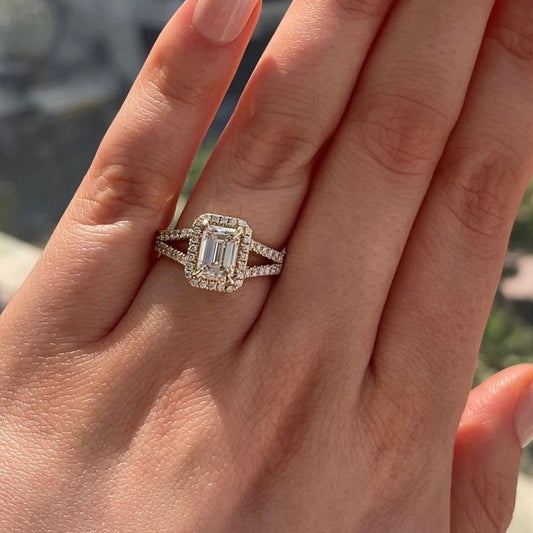 Luxurious Golden Tone Halo Emerald Cut Split Shank Engagement Ring Shineofdiamond