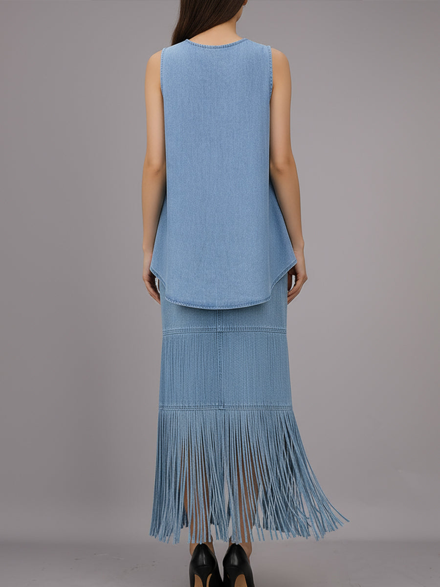 Stylish Denim Two-Piece Set With Asymmetrical Top And Fringed Skirt HWT