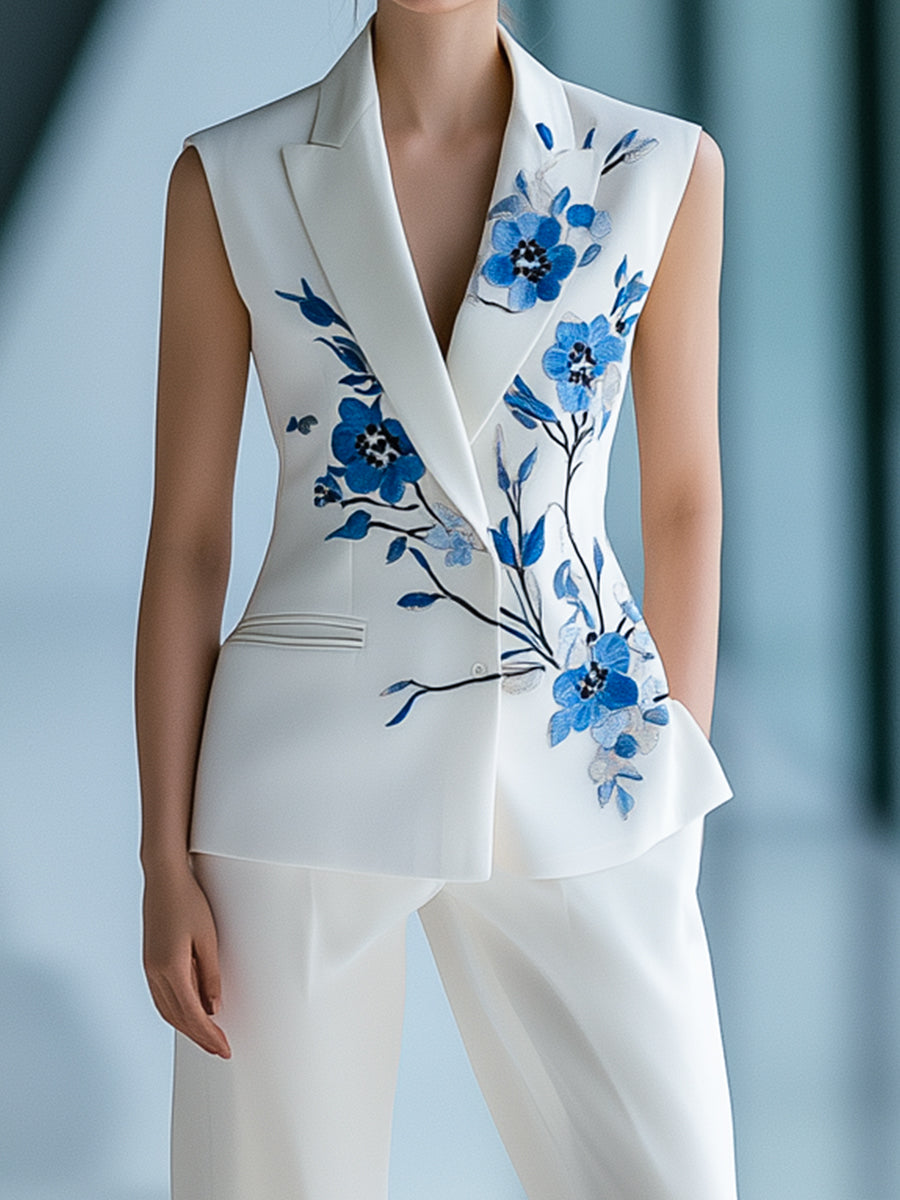 Urban Sleeveless Floral Printed Blazer and Trousers Set ZJ